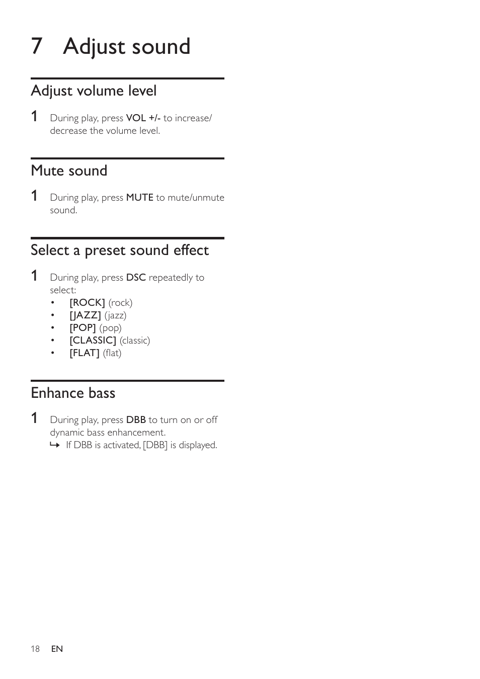 7 adjust sound, Adjust volume level, Mute sound | Select a preset sound effect, Enhance bass, Adjust volume level 1, Mute sound 1, Select a preset sound effect 1, Enhance bass 1 | Philips DC390-37 User Manual | Page 19 / 22