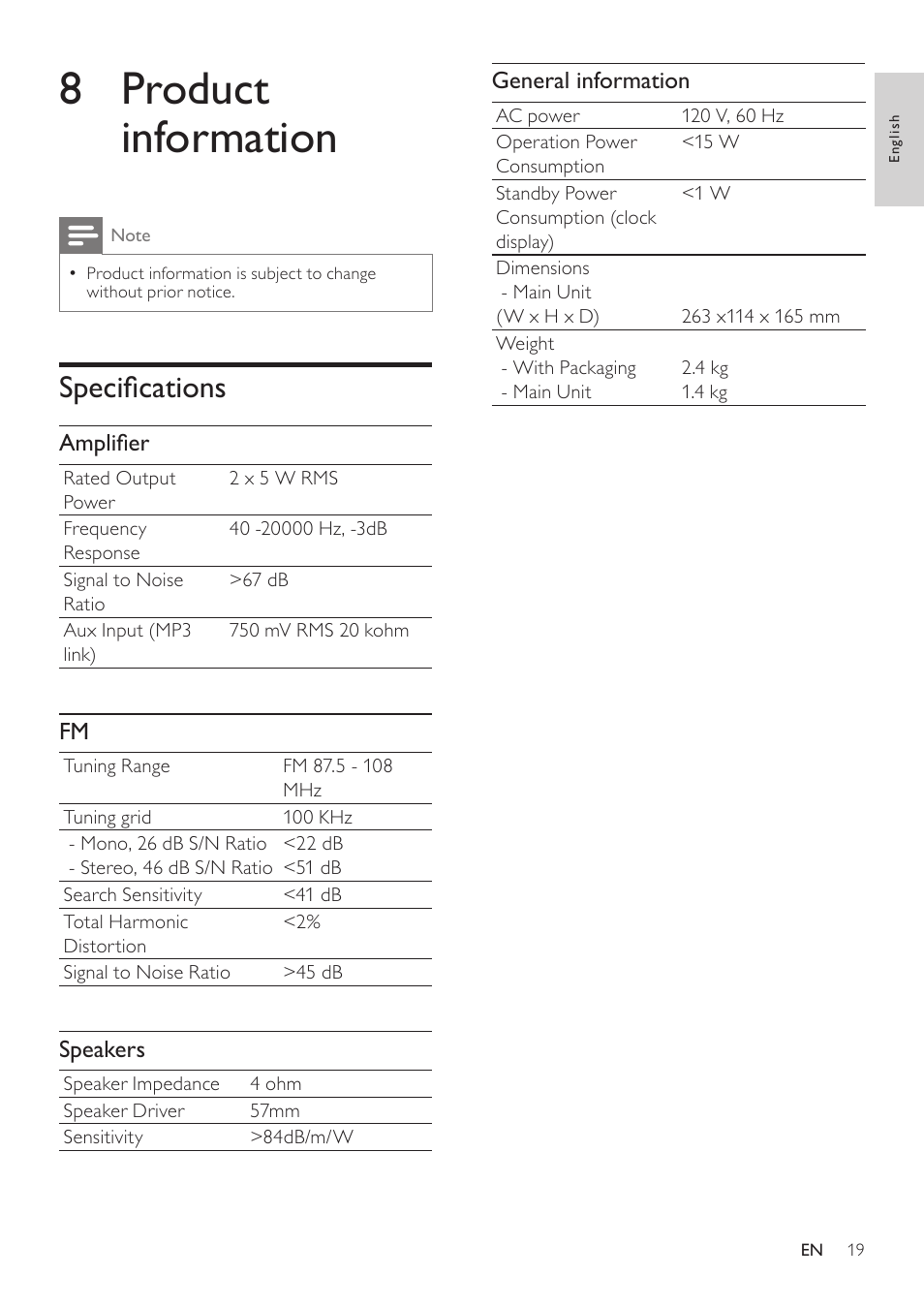 8 product information, Specifications | Philips DC390-37 User Manual | Page 20 / 22