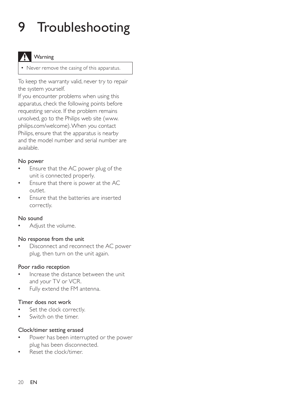 9 troubleshooting | Philips DC390-37 User Manual | Page 21 / 22