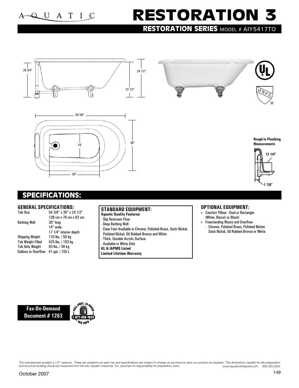 Aquatic RESTORATION 3 AIY5417TO User Manual | 1 page