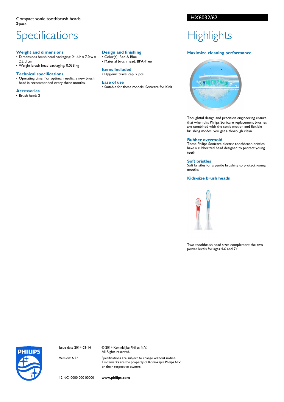 Specifications, Highlights | Philips HX6032-62 User Manual | Page 2 / 2