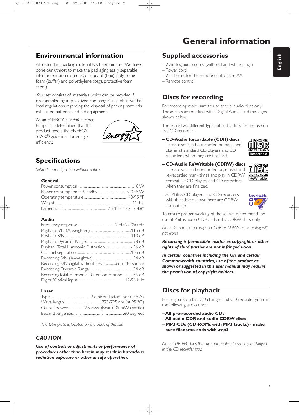 General information, Environmental information, Specifications | Supplied accessories, Discs for recording, Discs for playback | Philips CDR800 User Manual | Page 10 / 83