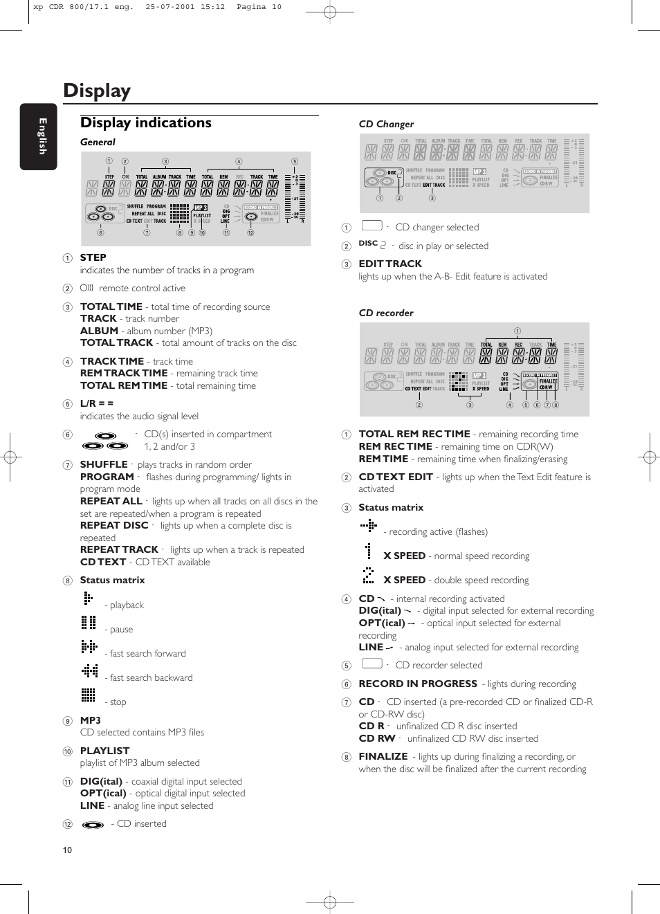 Display, Display indications | Philips CDR800 User Manual | Page 13 / 83