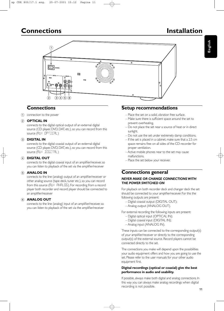 Connections installation, Connections, Setup recommendations | Connections general | Philips CDR800 User Manual | Page 14 / 83