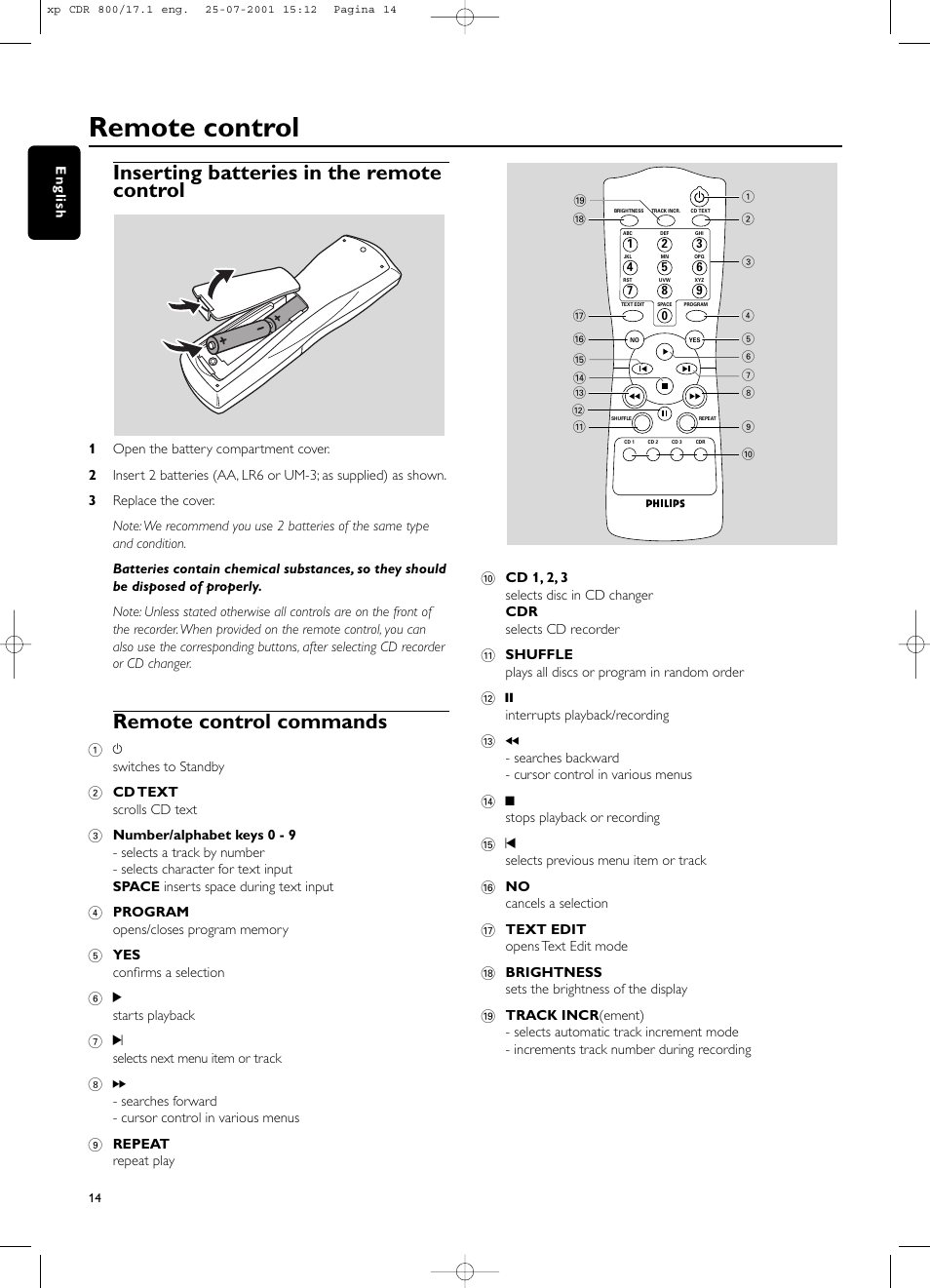 Remote control, Inserting batteries in the remote control, Remote control commands | Philips CDR800 User Manual | Page 17 / 83