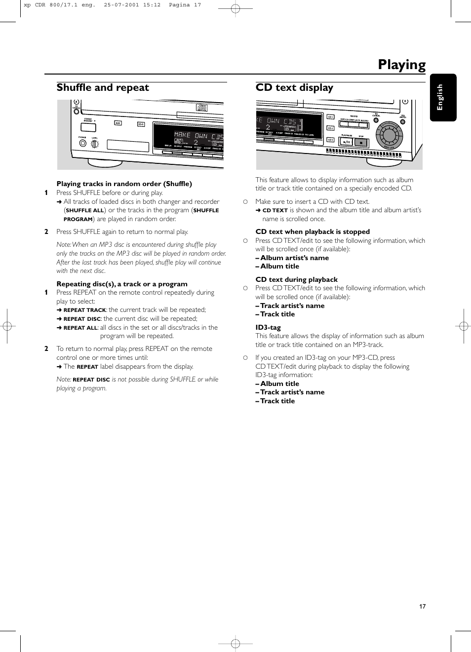 Playing, Shuffle and repeat, Cd text display | Philips CDR800 User Manual | Page 20 / 83