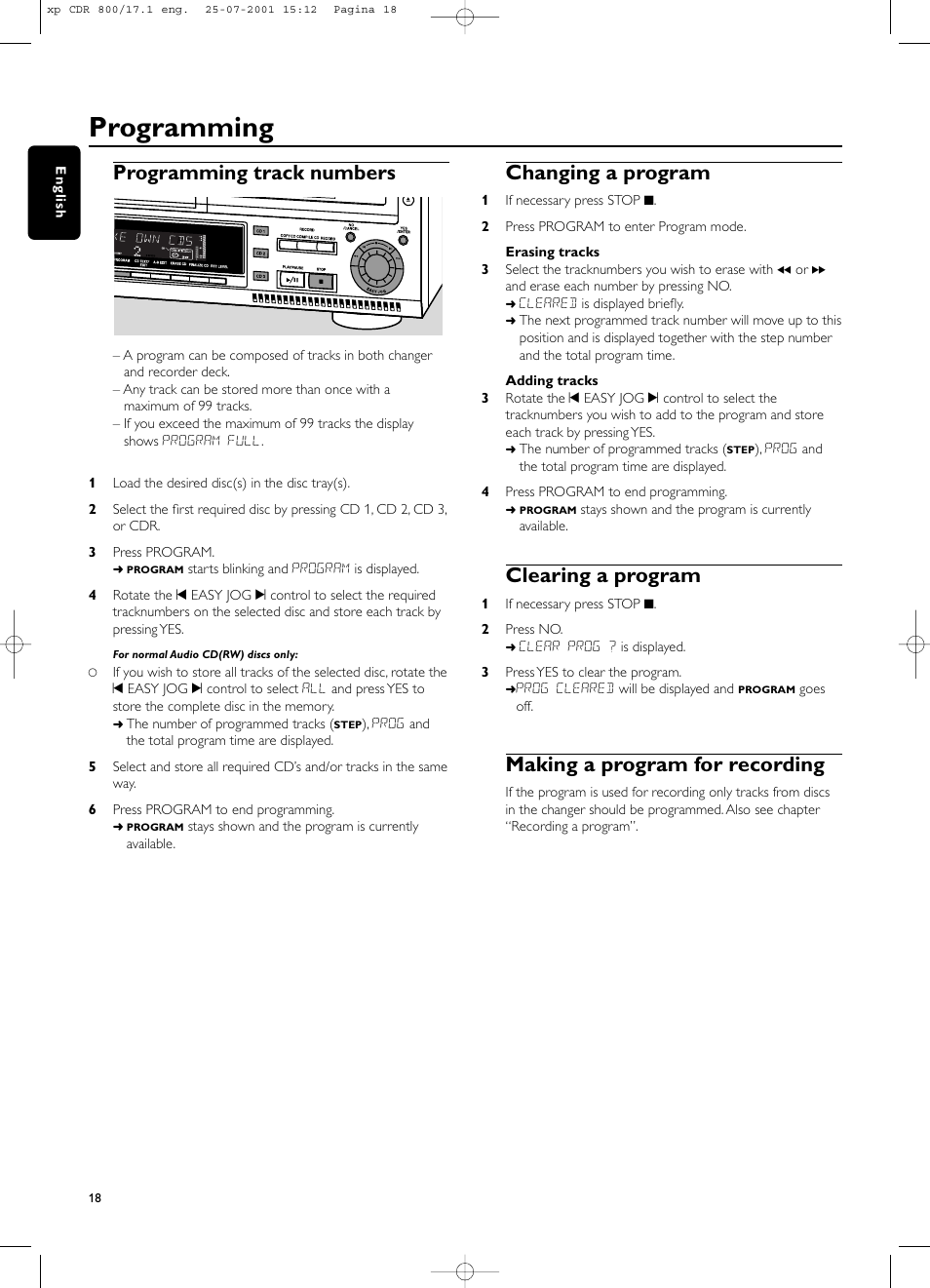 Programming, Programming track numbers, Changing a program | Clearing a program, Making a program for recording | Philips CDR800 User Manual | Page 21 / 83