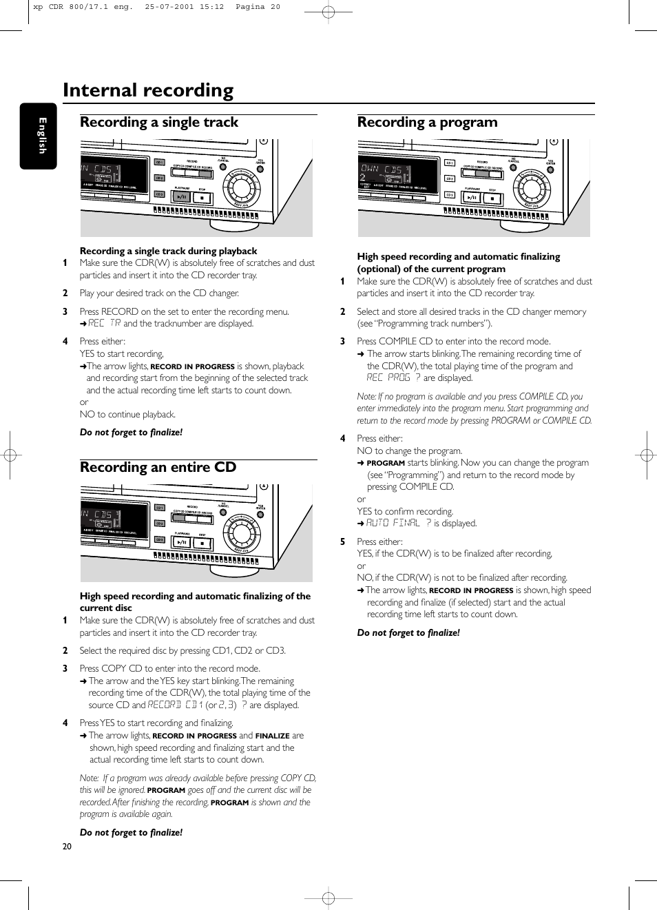 Internal recording, Recording a single track, Recording an entire cd | Recording a program | Philips CDR800 User Manual | Page 23 / 83