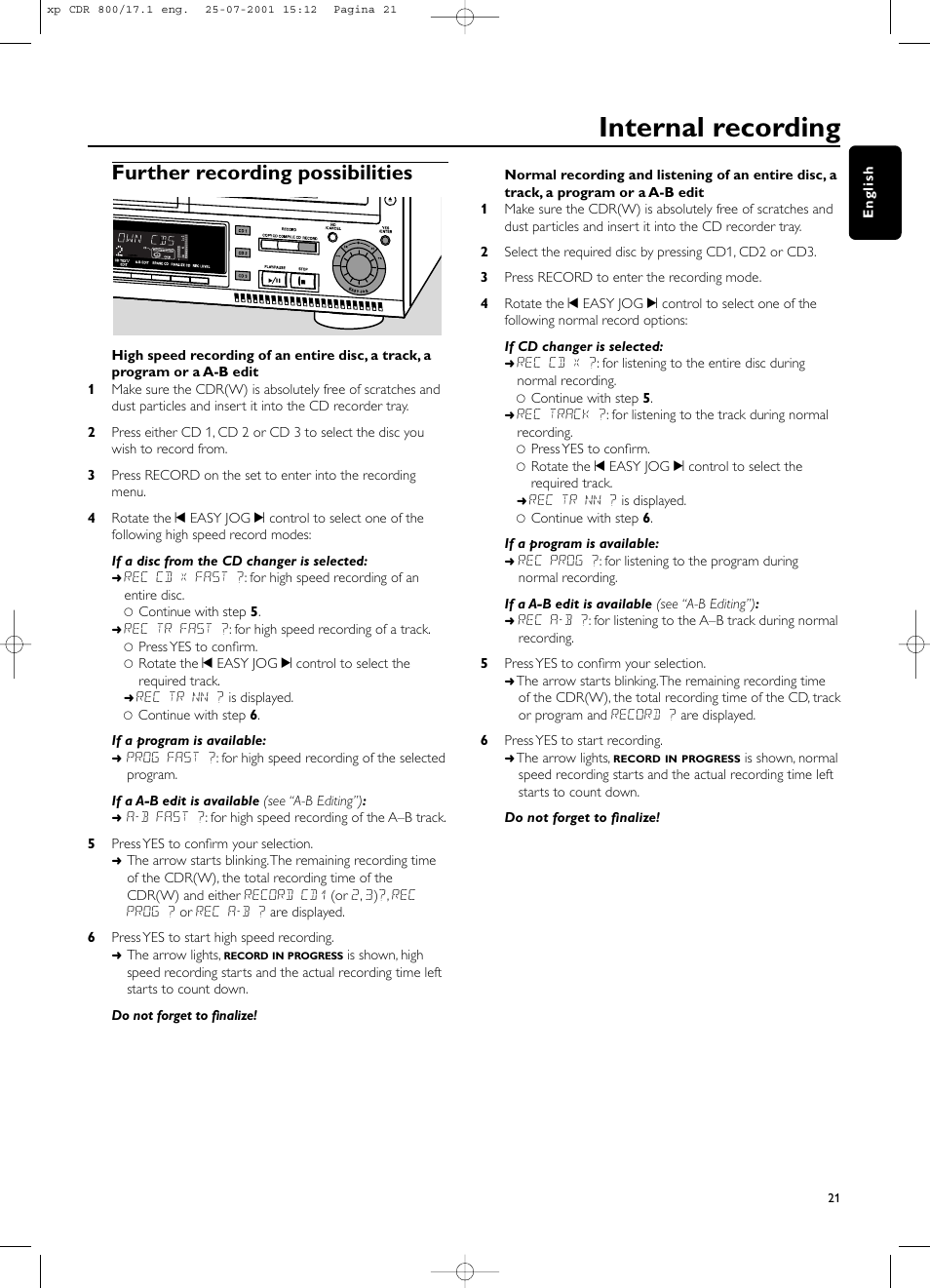 Internal recording, Further recording possibilities | Philips CDR800 User Manual | Page 24 / 83