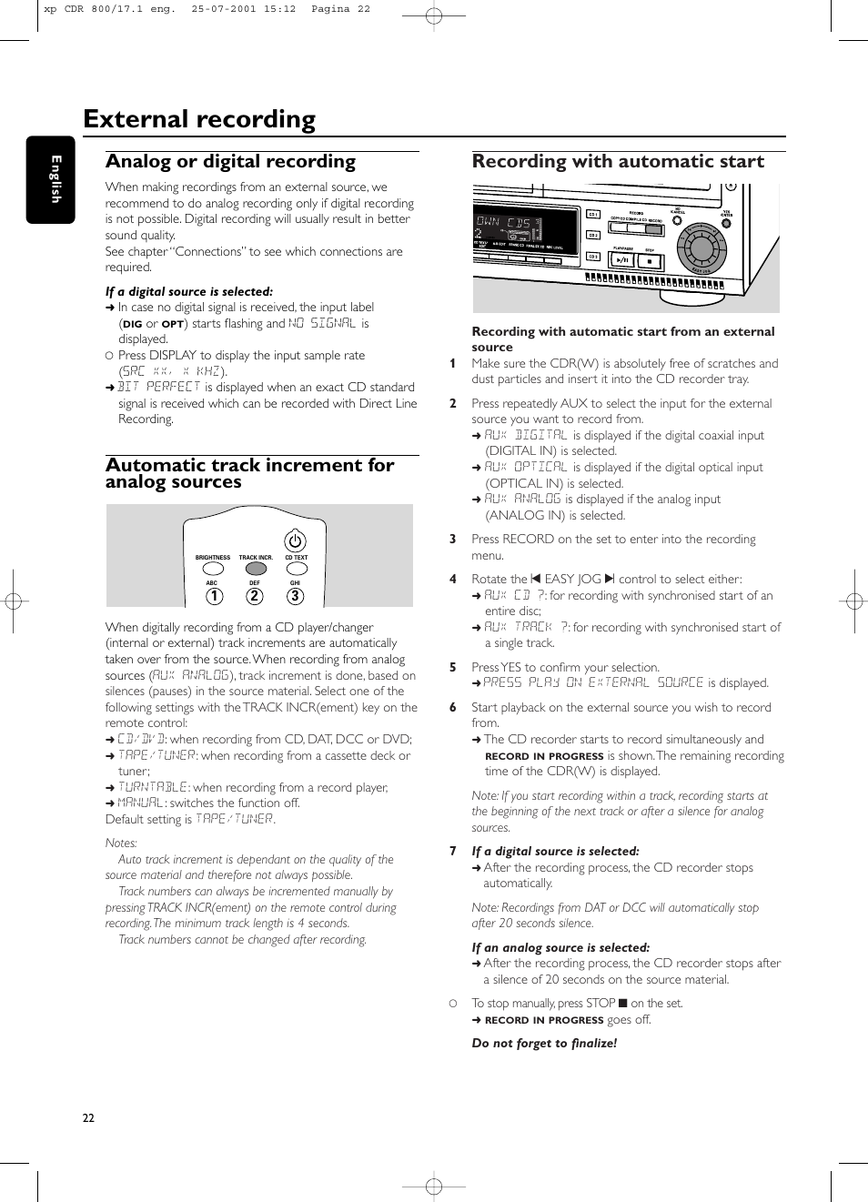 External recording, Analog or digital recording, Automatic track increment for analog sources | Recording with automatic start | Philips CDR800 User Manual | Page 25 / 83