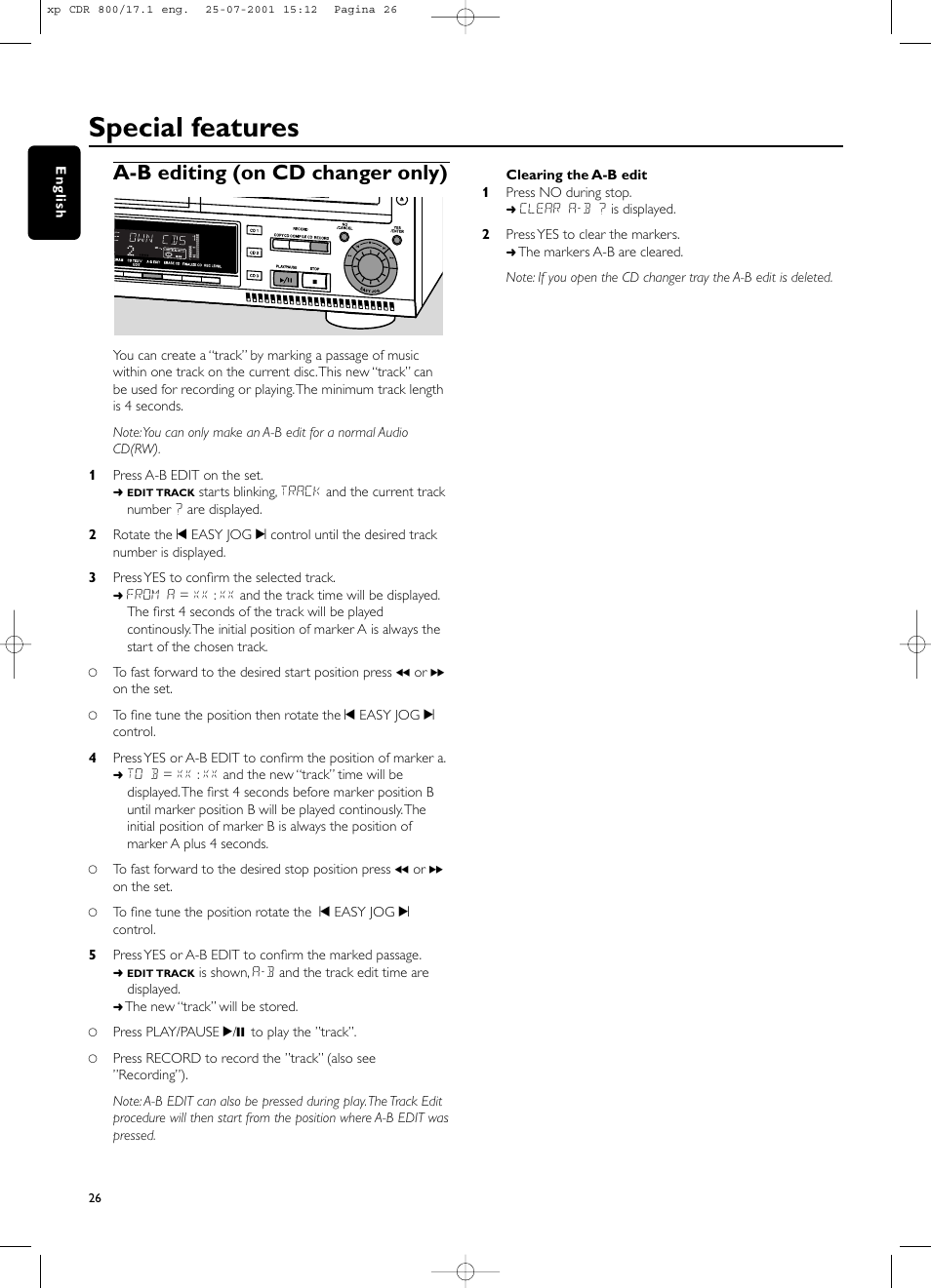 Special features, A-b editing (on cd changer only) | Philips CDR800 User Manual | Page 29 / 83