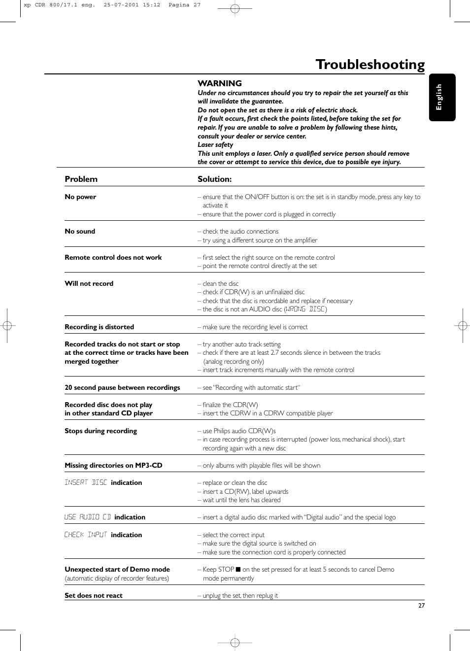 Troubleshooting | Philips CDR800 User Manual | Page 30 / 83