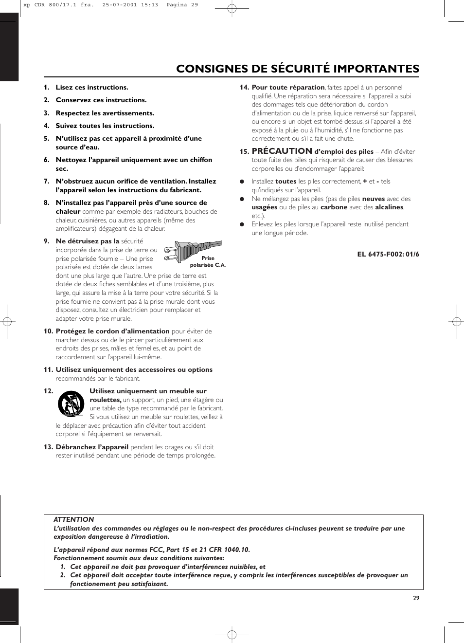 Consignes de sécurité importantes | Philips CDR800 User Manual | Page 32 / 83