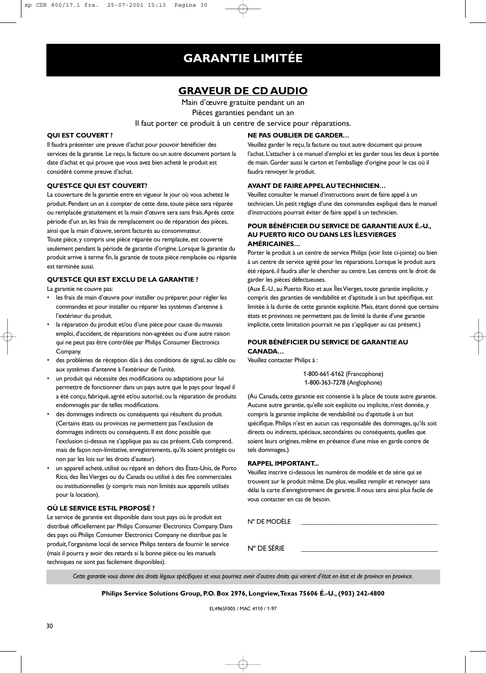 Garantie limitée, Graveur de cd audio | Philips CDR800 User Manual | Page 33 / 83