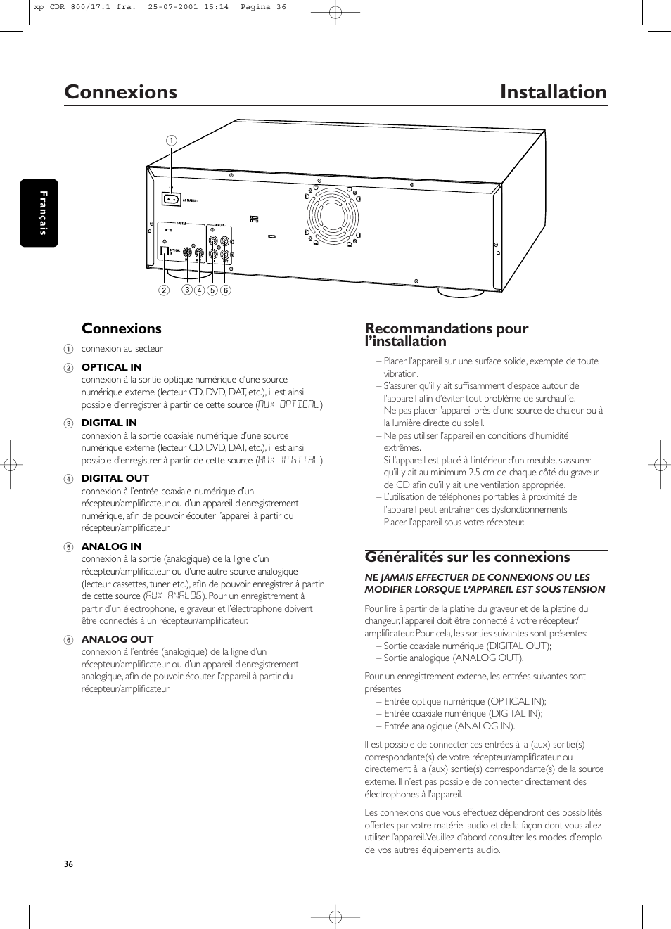 Connexions installation, Connexions, Recommandations pour l’installation | Généralités sur les connexions | Philips CDR800 User Manual | Page 39 / 83