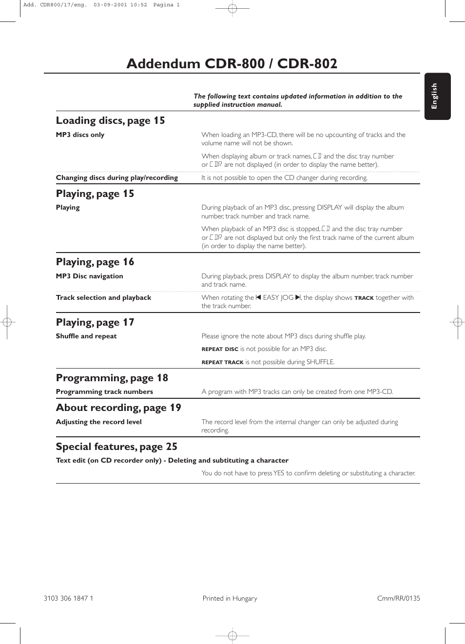 Loading discs, page 15, Playing, page 15, Playing, page 16 | Playing, page 17, Programming, page 18, About recording, page 19, Special features, page 25 | Philips CDR800 User Manual | Page 4 / 83