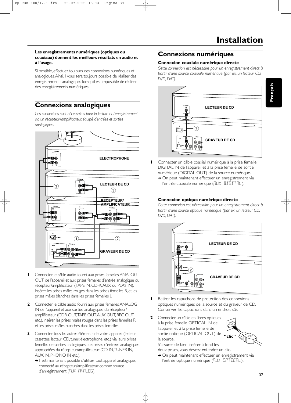 Installation, Connexions analogiques, Connexions numériques | Philips CDR800 User Manual | Page 40 / 83