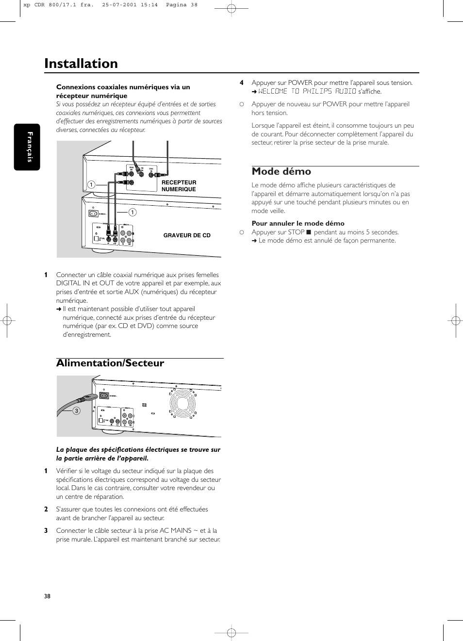 Installation, Alimentation/secteur, Mode démo | Philips CDR800 User Manual | Page 41 / 83