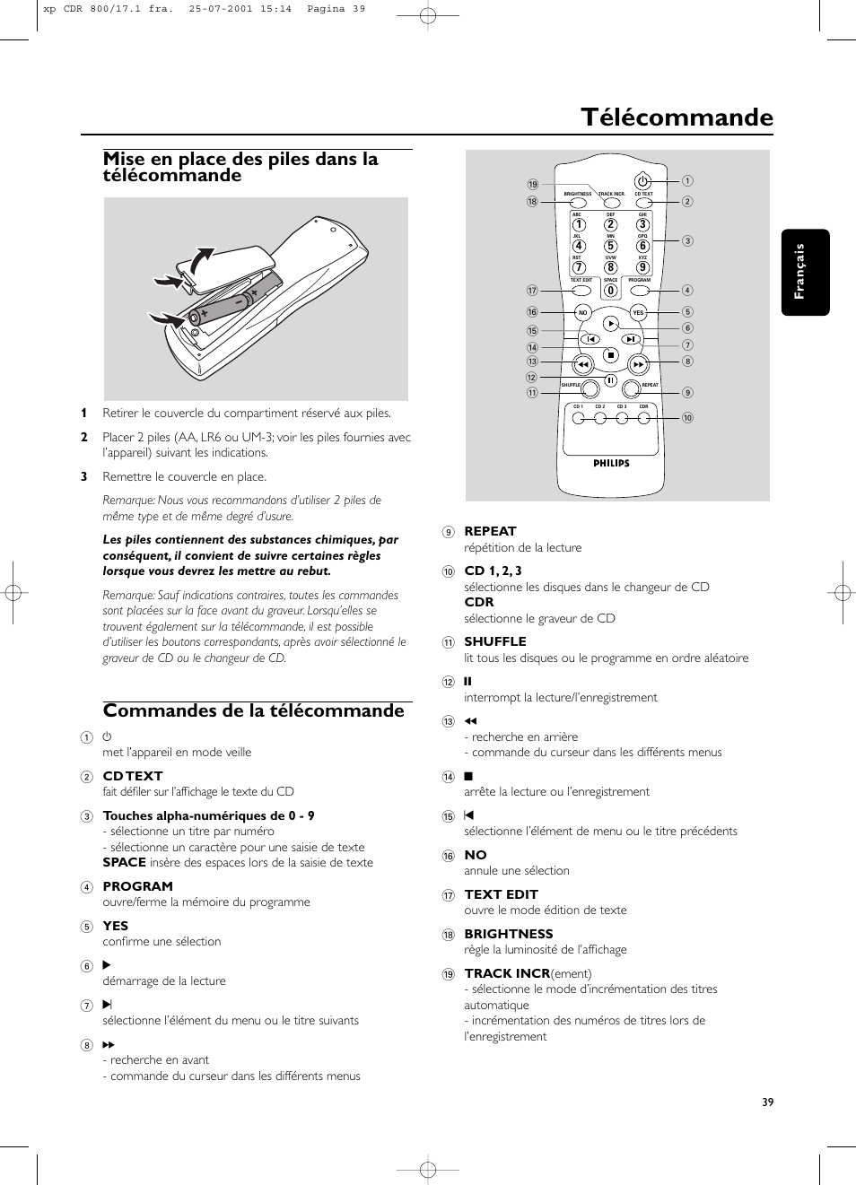 Télécommande, Mise en place des piles dans la télécommande, Commandes de la télécommande | Philips CDR800 User Manual | Page 42 / 83