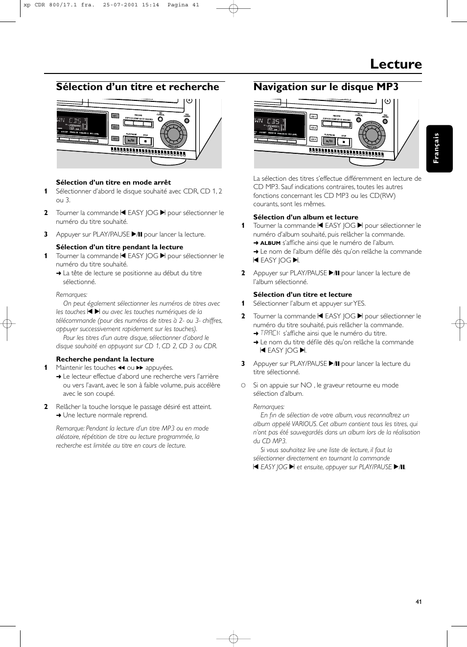 Lecture, Sélection d’un titre et recherche, Navigation sur le disque mp3 | Philips CDR800 User Manual | Page 44 / 83