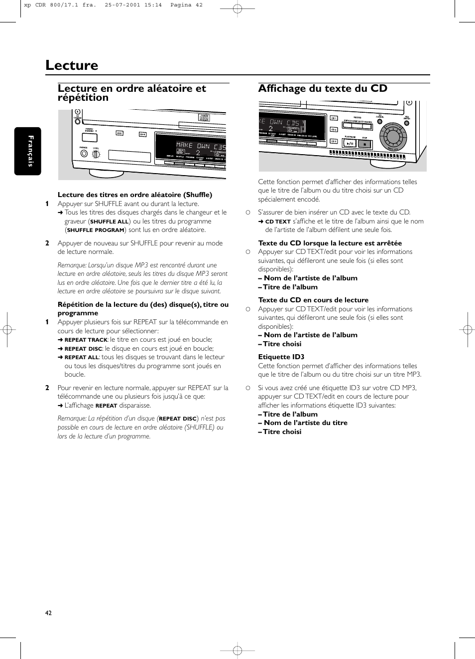 Lecture, Lecture en ordre aléatoire et répétition, Affichage du texte du cd | Philips CDR800 User Manual | Page 45 / 83