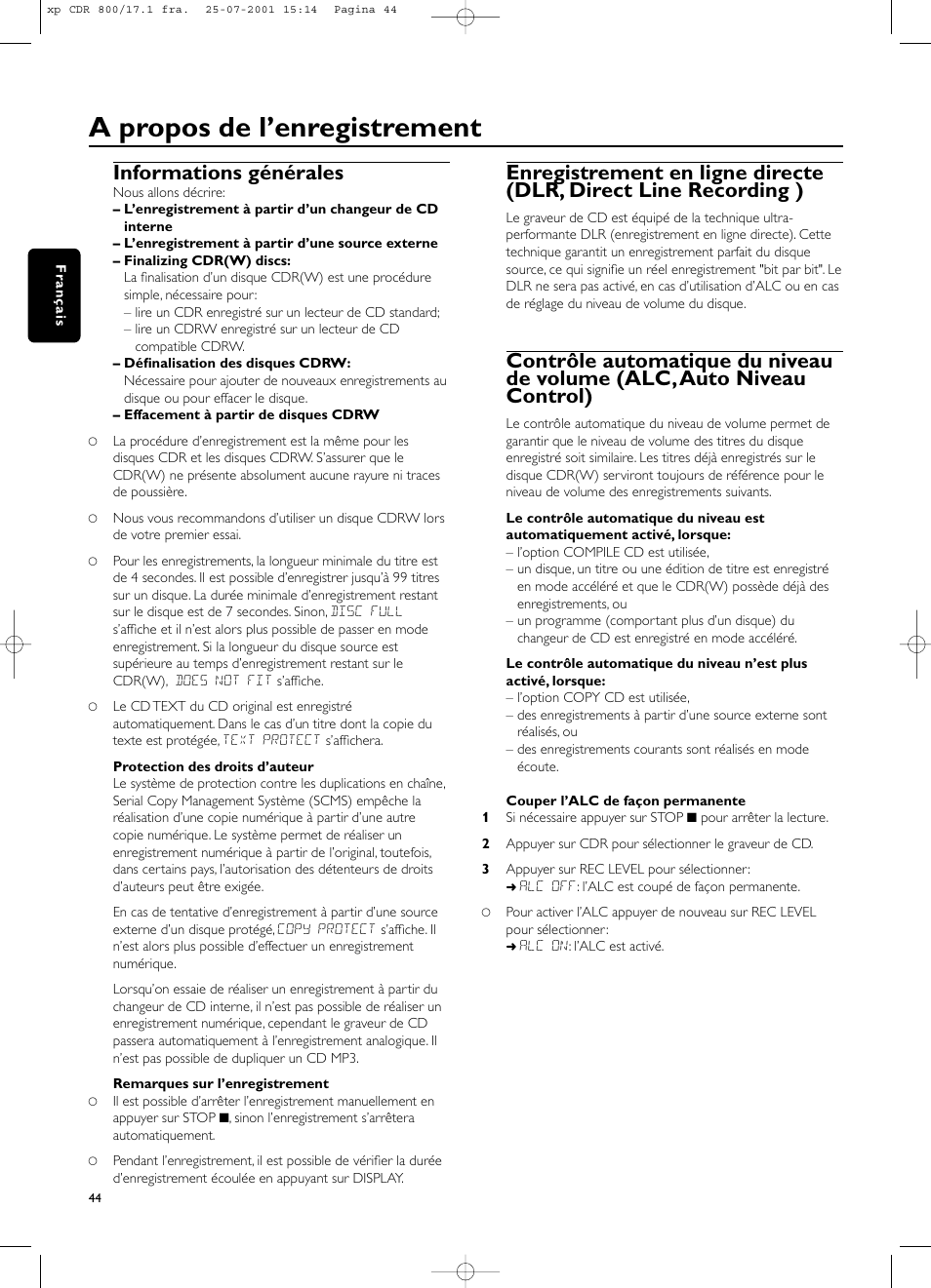 A propos de l’enregistrement, Informations générales | Philips CDR800 User Manual | Page 47 / 83