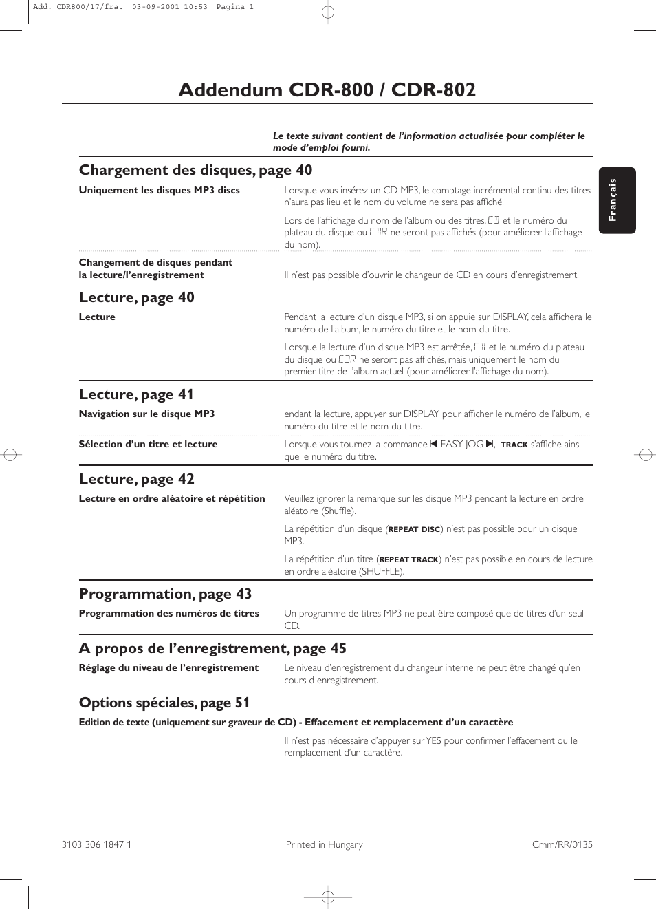 Chargement des disques, page 40, Lecture, page 40, Lecture, page 41 | Lecture, page 42, Programmation, page 43, A propos de l’enregistrement, page 45, Options spéciales, page 51 | Philips CDR800 User Manual | Page 5 / 83