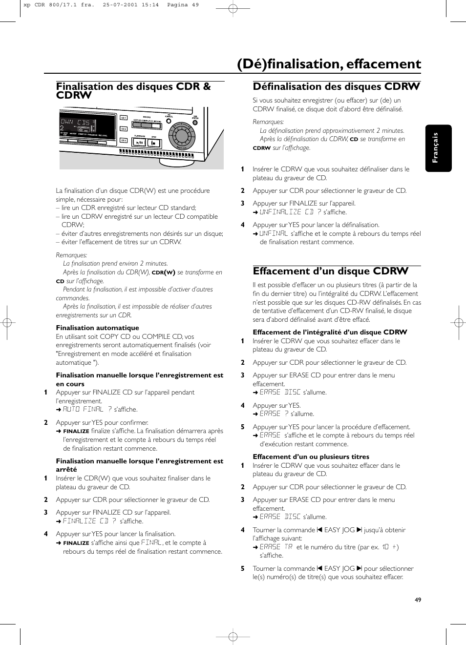 Dé)finalisation, effacement, Finalisation des disques cdr & cdrw, Définalisation des disques cdrw | Effacement d’un disque cdrw | Philips CDR800 User Manual | Page 52 / 83