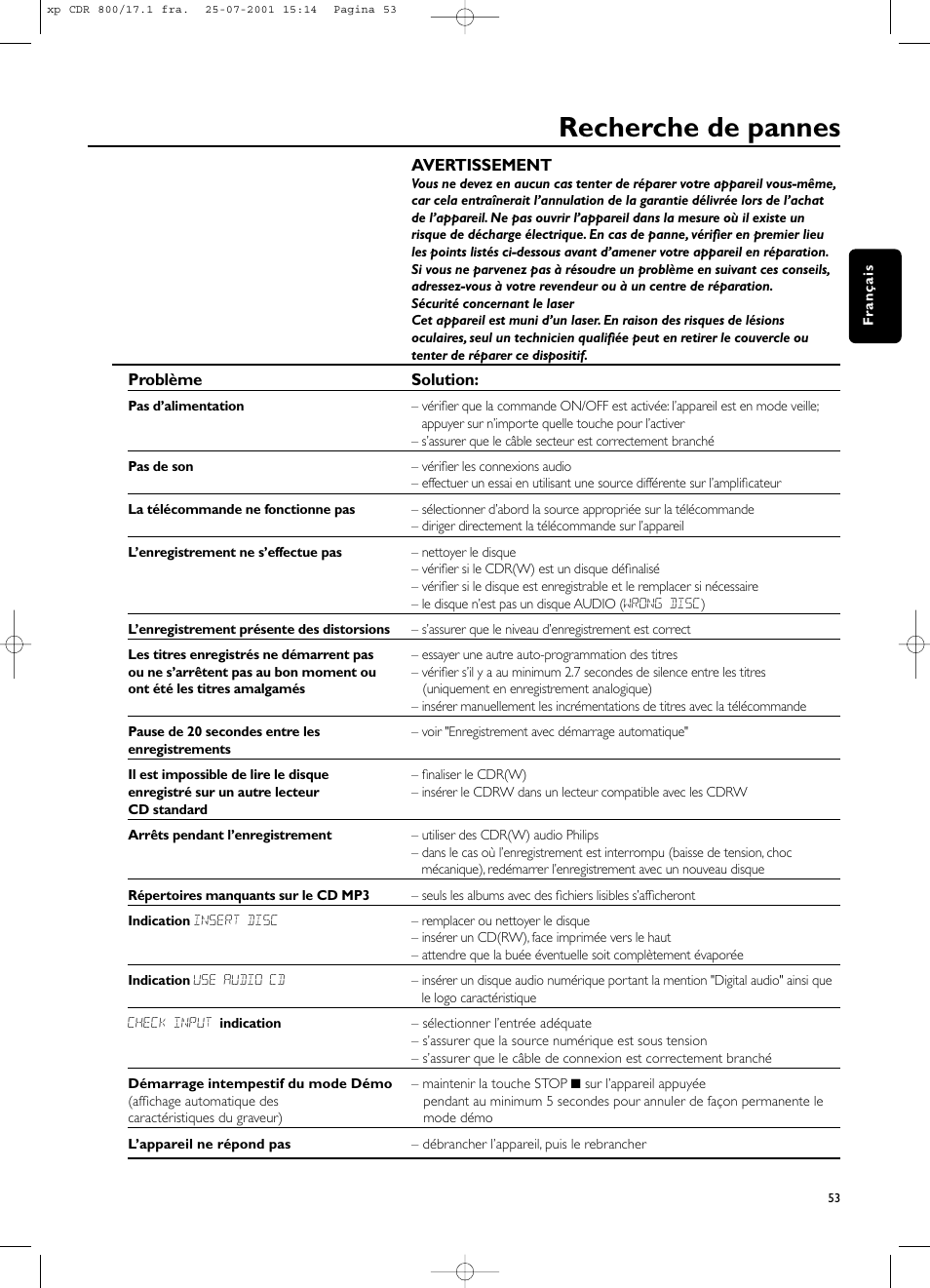 Recherche de pannes | Philips CDR800 User Manual | Page 56 / 83