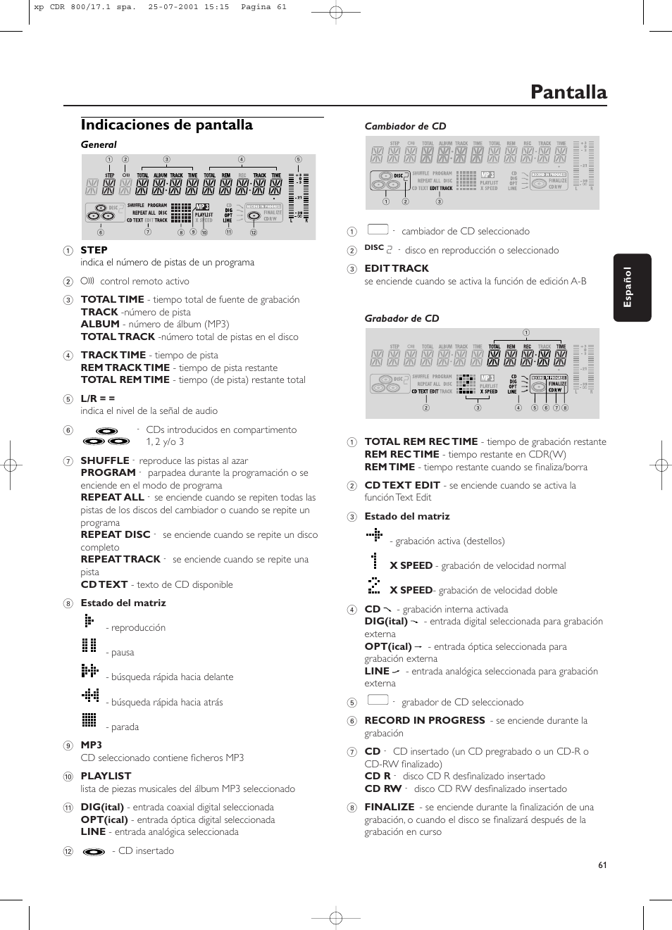 Pantalla, Indicaciones de pantalla | Philips CDR800 User Manual | Page 64 / 83