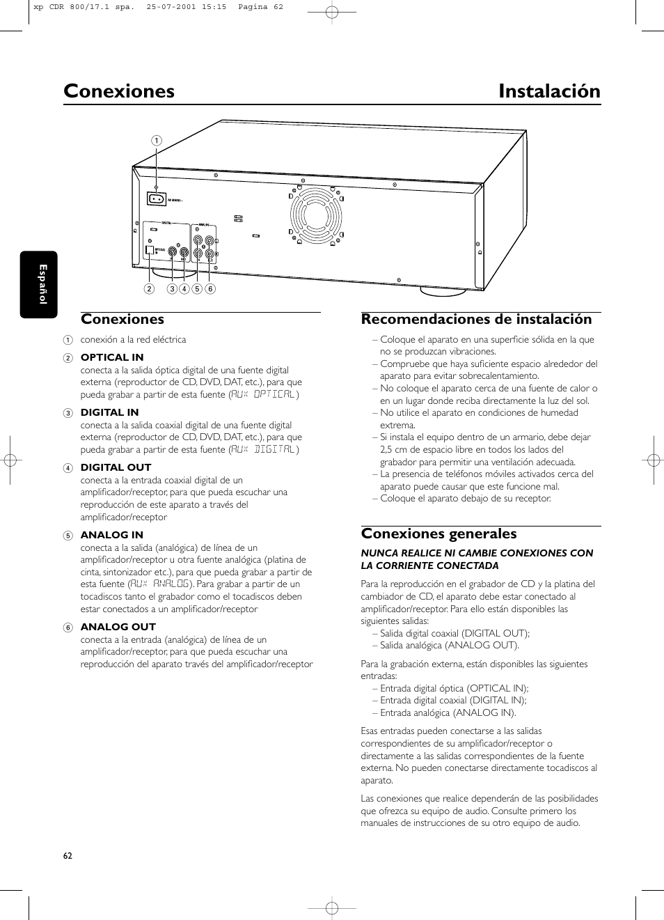 Conexiones instalación, Conexiones, Recomendaciones de instalación | Conexiones generales | Philips CDR800 User Manual | Page 65 / 83