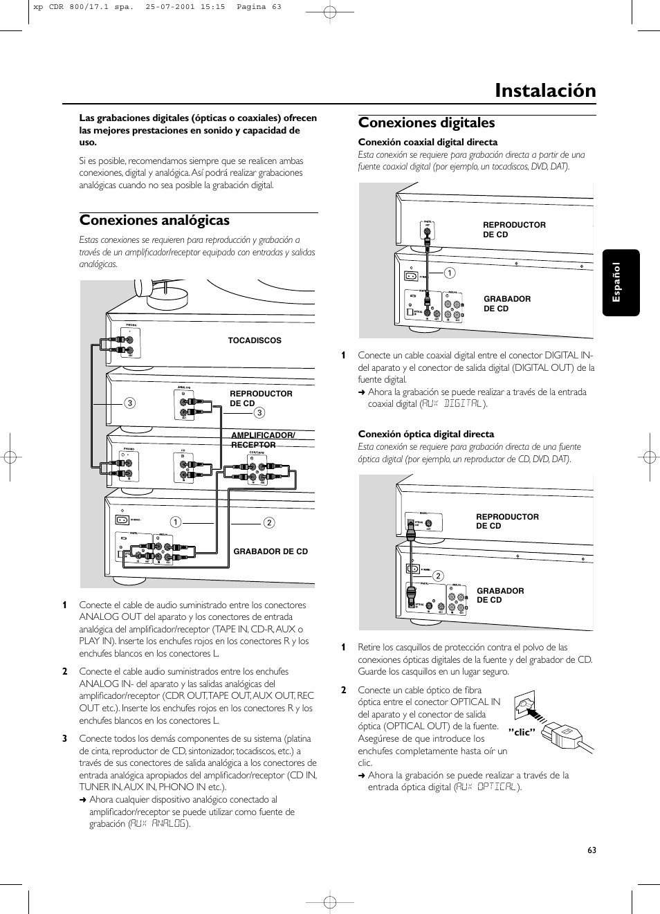 Instalación, Conexiones analógicas, Conexiones digitales | Philips CDR800 User Manual | Page 66 / 83