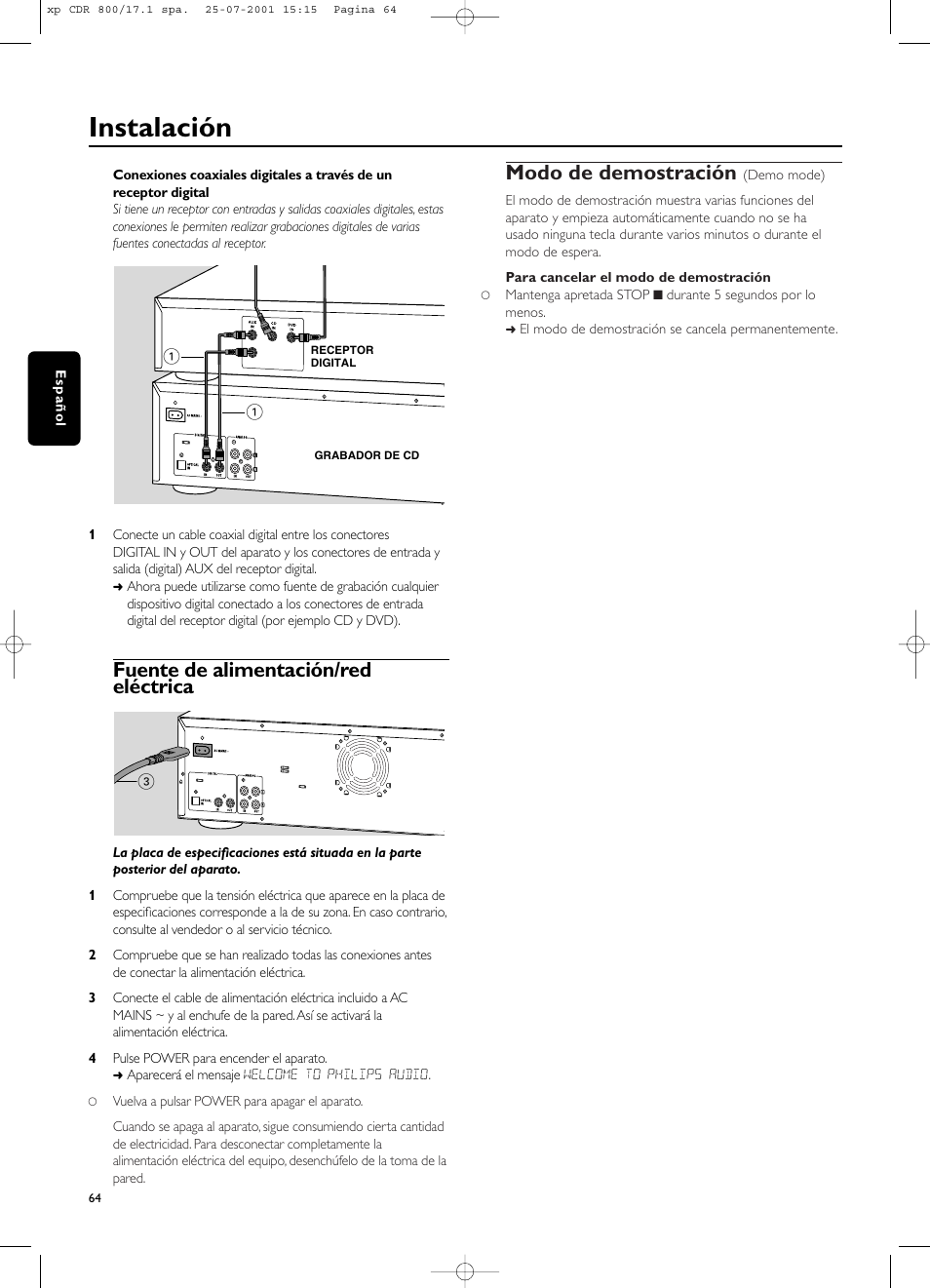 Instalación, Fuente de alimentación/red eléctrica, Modo de demostración | Philips CDR800 User Manual | Page 67 / 83