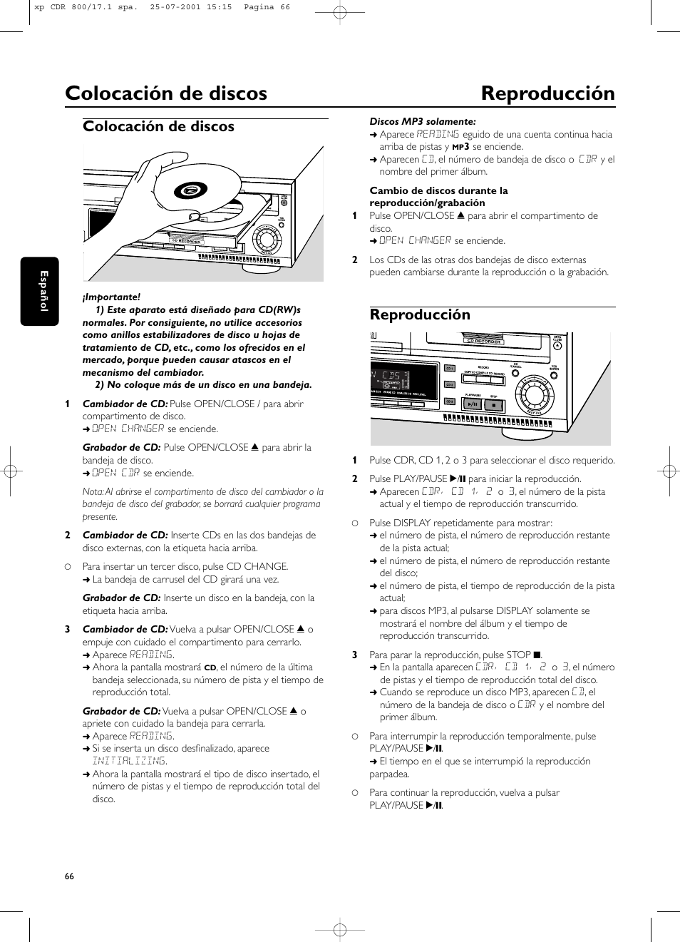 Colocación de discos reproducción, Colocación de discos, Reproducción | Philips CDR800 User Manual | Page 69 / 83