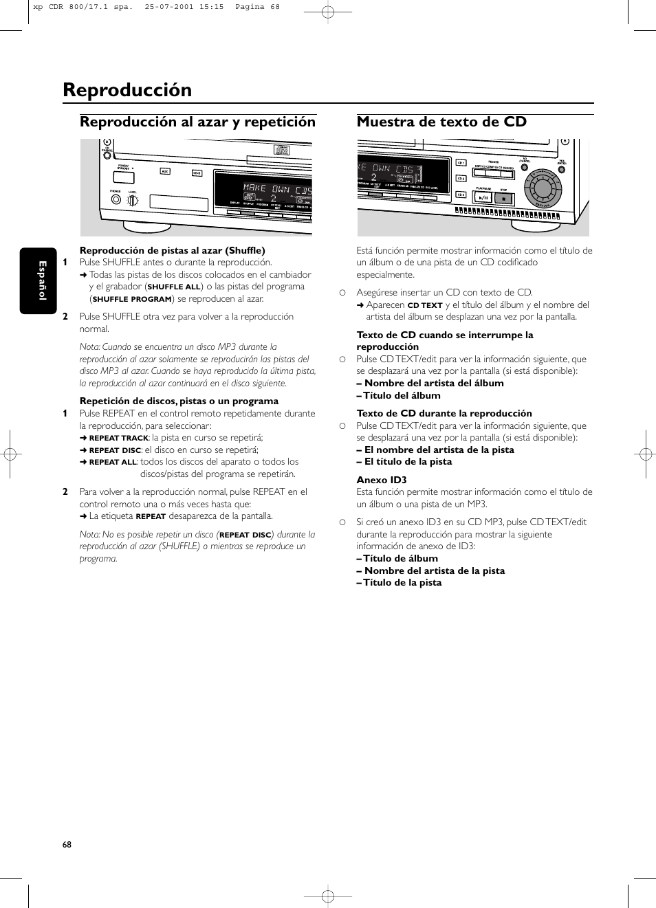 Reproducción, Reproducción al azar y repetición, Muestra de texto de cd | Philips CDR800 User Manual | Page 71 / 83