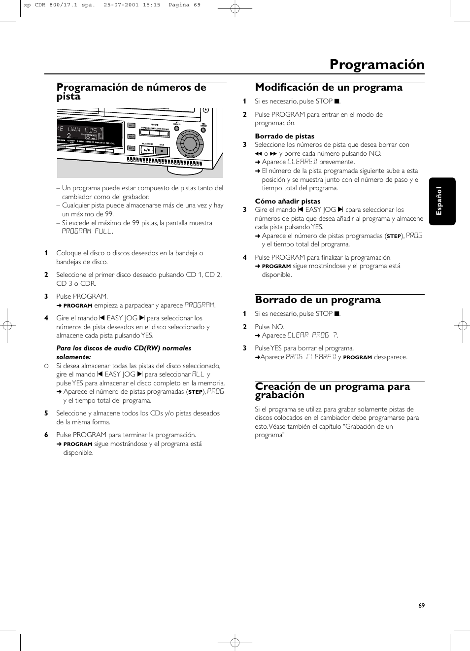 Programación, Programación de números de pista, Modificación de un programa | Borrado de un programa, Creación de un programa para grabación | Philips CDR800 User Manual | Page 72 / 83