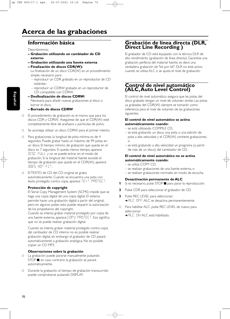 Acerca de las grabaciones, Información básica | Philips CDR800 User Manual | Page 73 / 83