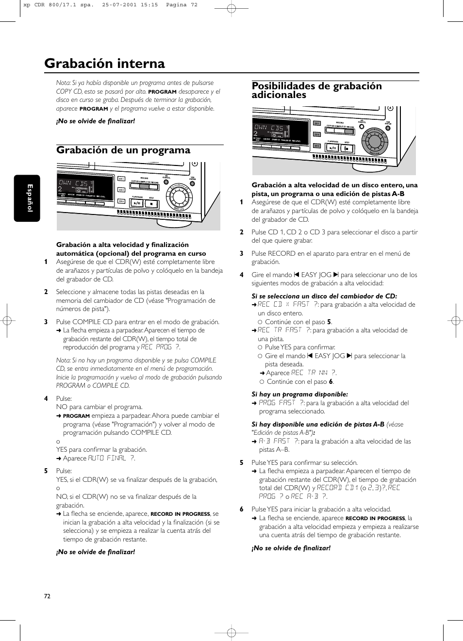 Grabación interna, Grabación de un programa, Posibilidades de grabación adicionales | Philips CDR800 User Manual | Page 75 / 83