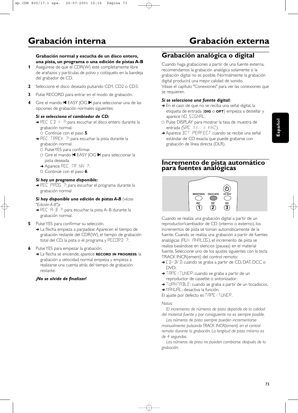 Grabación interna grabación externa, Grabación analógica o digital | Philips CDR800 User Manual | Page 76 / 83