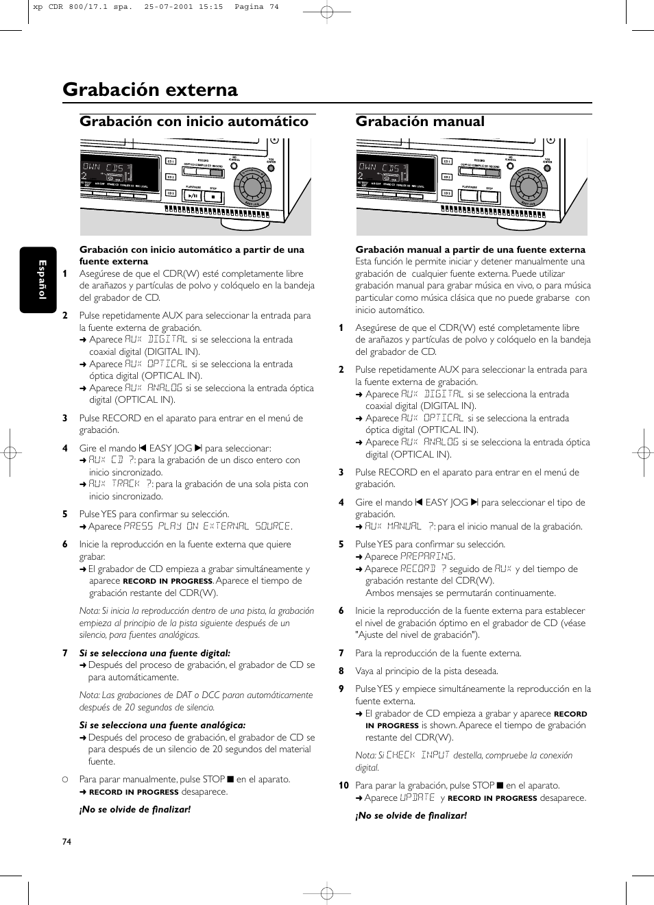 Grabación externa, Grabación con inicio automático, Grabación manual | Philips CDR800 User Manual | Page 77 / 83