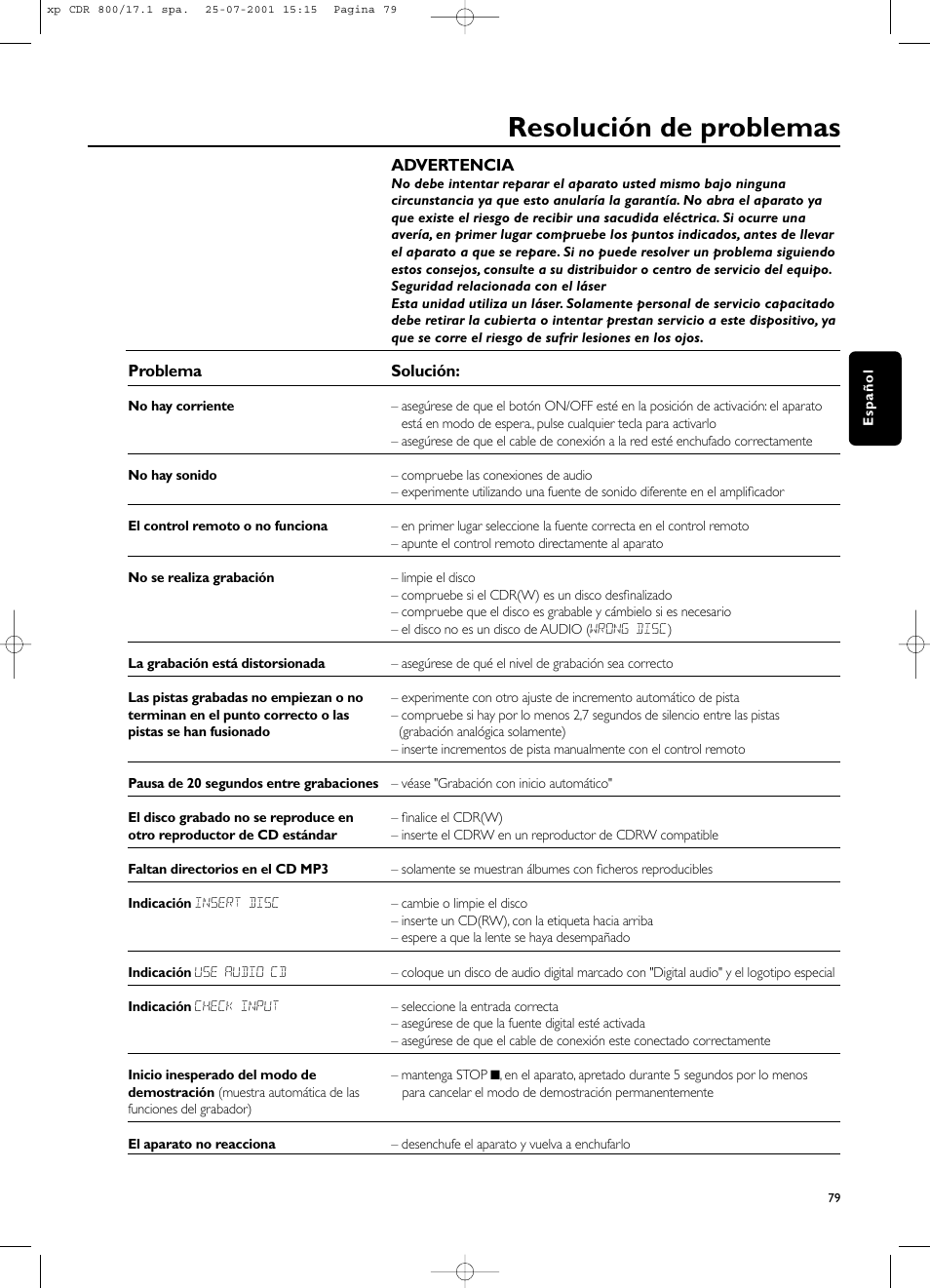 Resolución de problemas | Philips CDR800 User Manual | Page 82 / 83