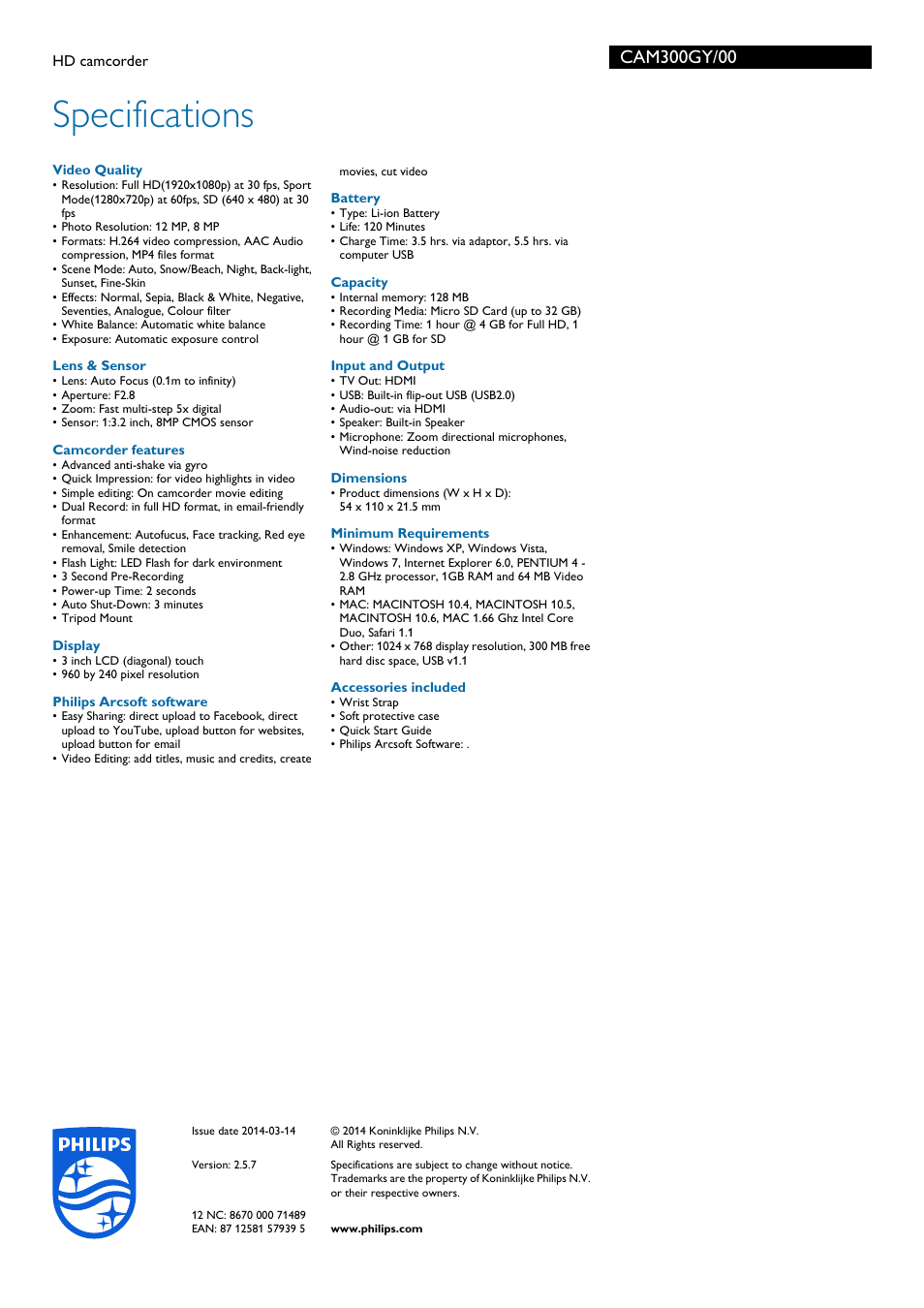 Specifications | Philips CAM300GY-00 User Manual | Page 3 / 3