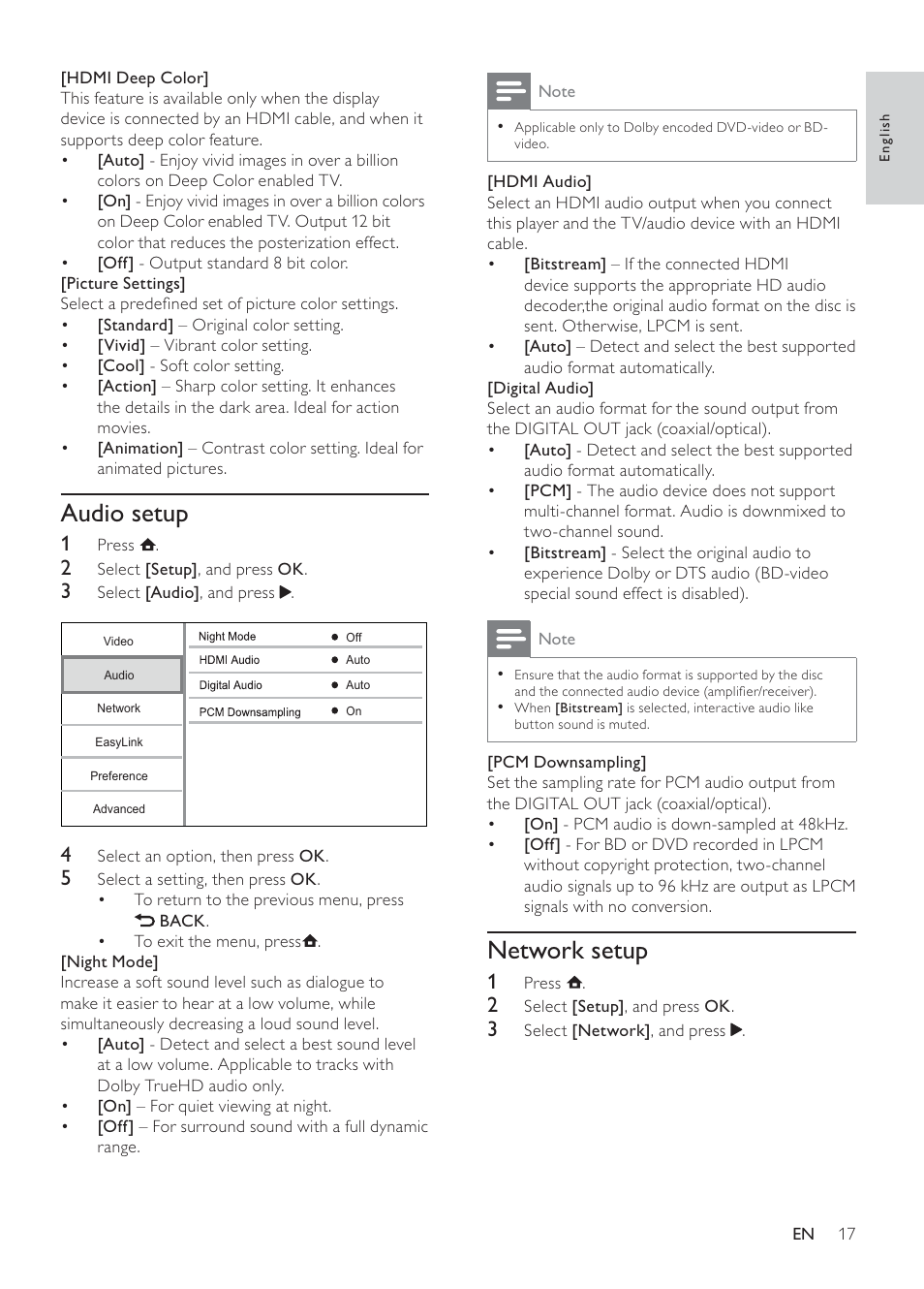 Network setup, Audio setup | Philips BDP2700-05 User Manual | Page 17 / 46