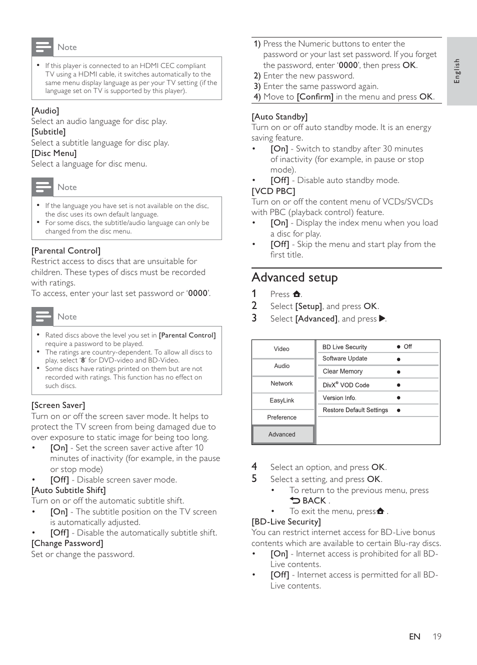 Advanced setup | Philips BDP2700-05 User Manual | Page 19 / 46