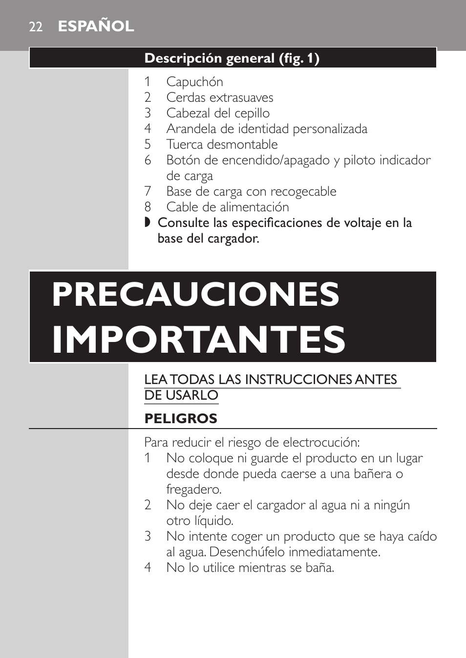 Español, Importantes, Precauciones | Philips HX5610-04 User Manual | Page 22 / 60