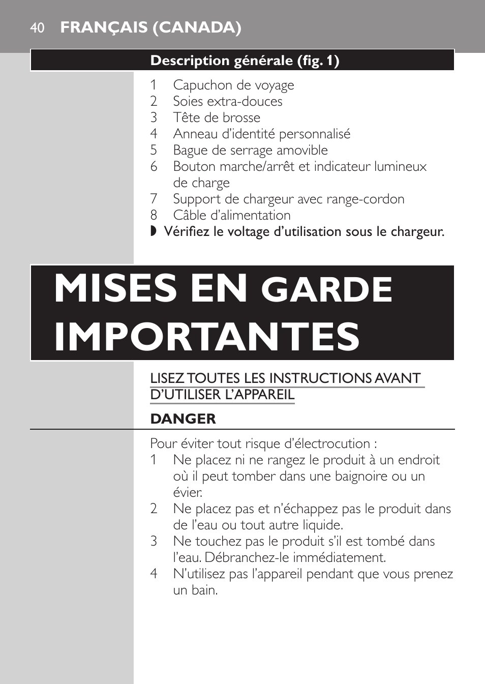 Français (canada), Mises en, Importantes | Garde | Philips HX5610-04 User Manual | Page 40 / 60