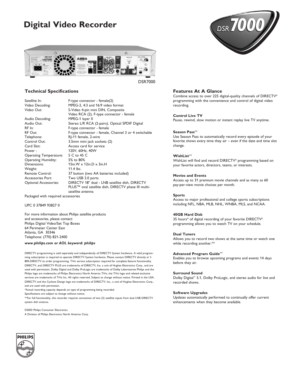 Digital video recorder | Philips DSR7000-R-17 User Manual | Page 2 / 2