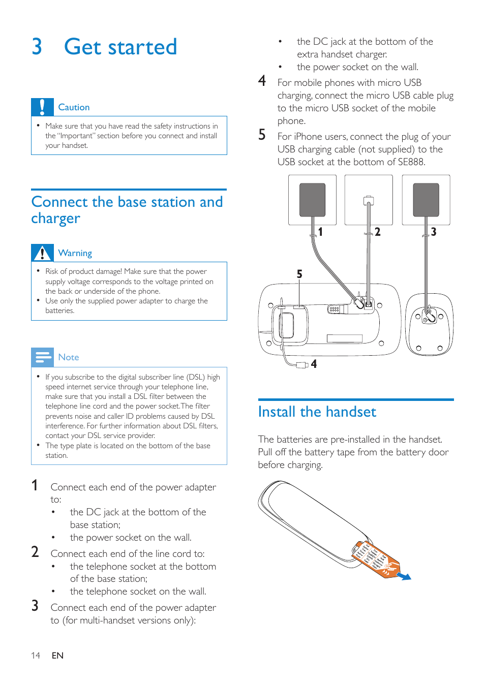 3 get started, Connect the base station and charger, Install the handset | Philips SE8881B-22 User Manual | Page 14 / 62