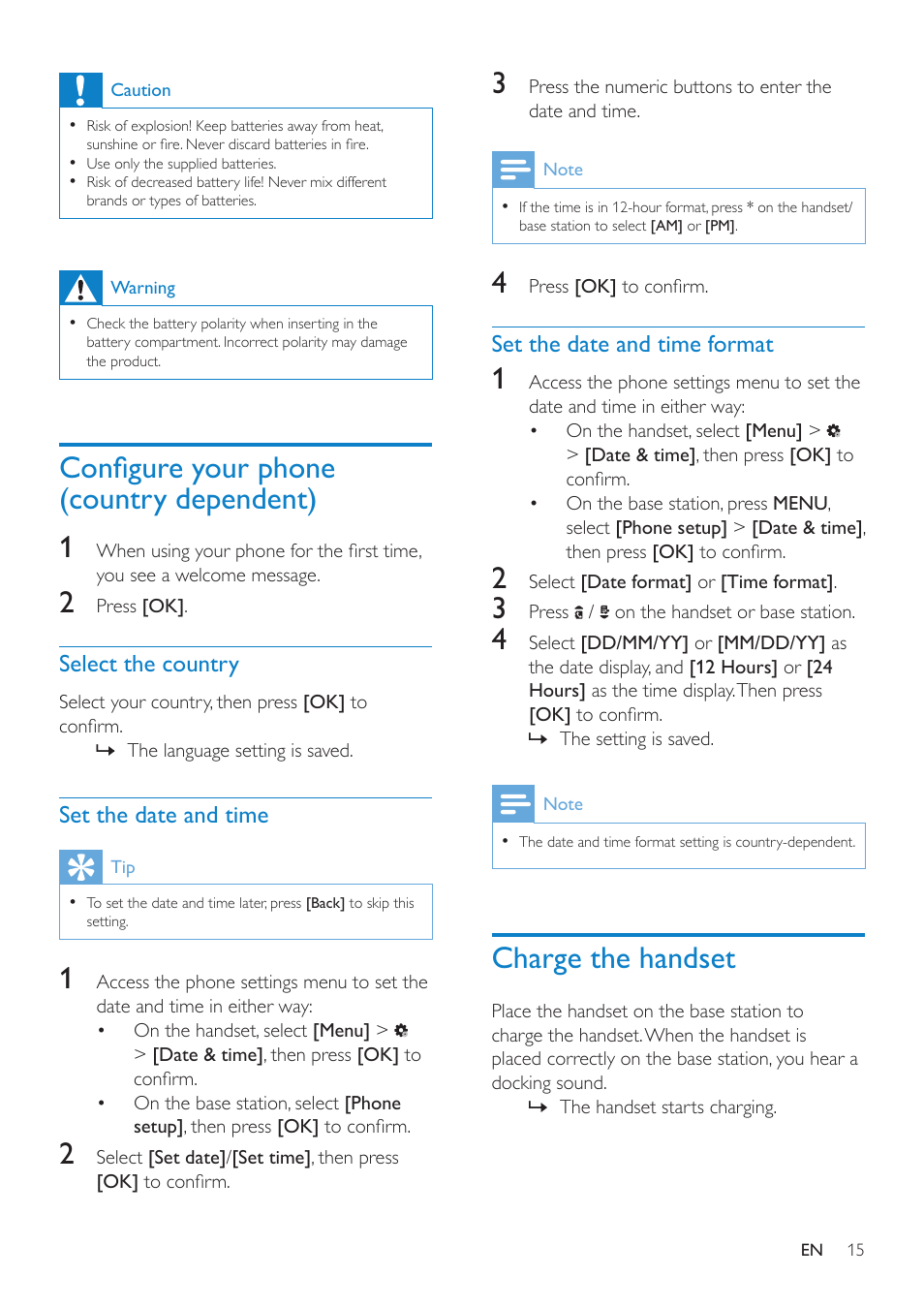 Configure your phone (country dependent), Select the country, Set the date and time | Set the date and time format, Charge the handset, Configure your phone (country dependent) 1 | Philips SE8881B-22 User Manual | Page 15 / 62