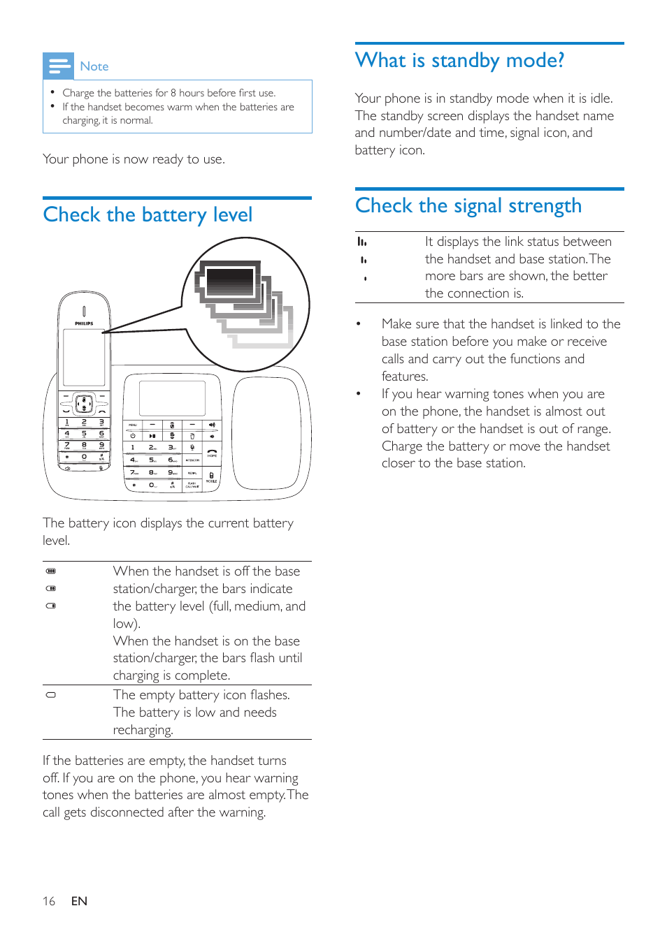 Check the battery level, What is standby mode, Check the signal strength | Philips SE8881B-22 User Manual | Page 16 / 62